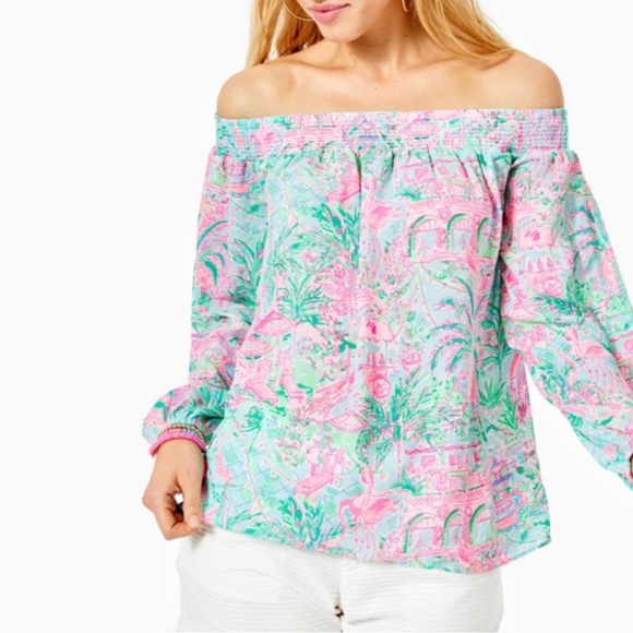 Lilly Pulitzer Maryellen Off-The-Shoulder Top XSmall Bali Blue Spotted on Worth - Picture 1 of 12